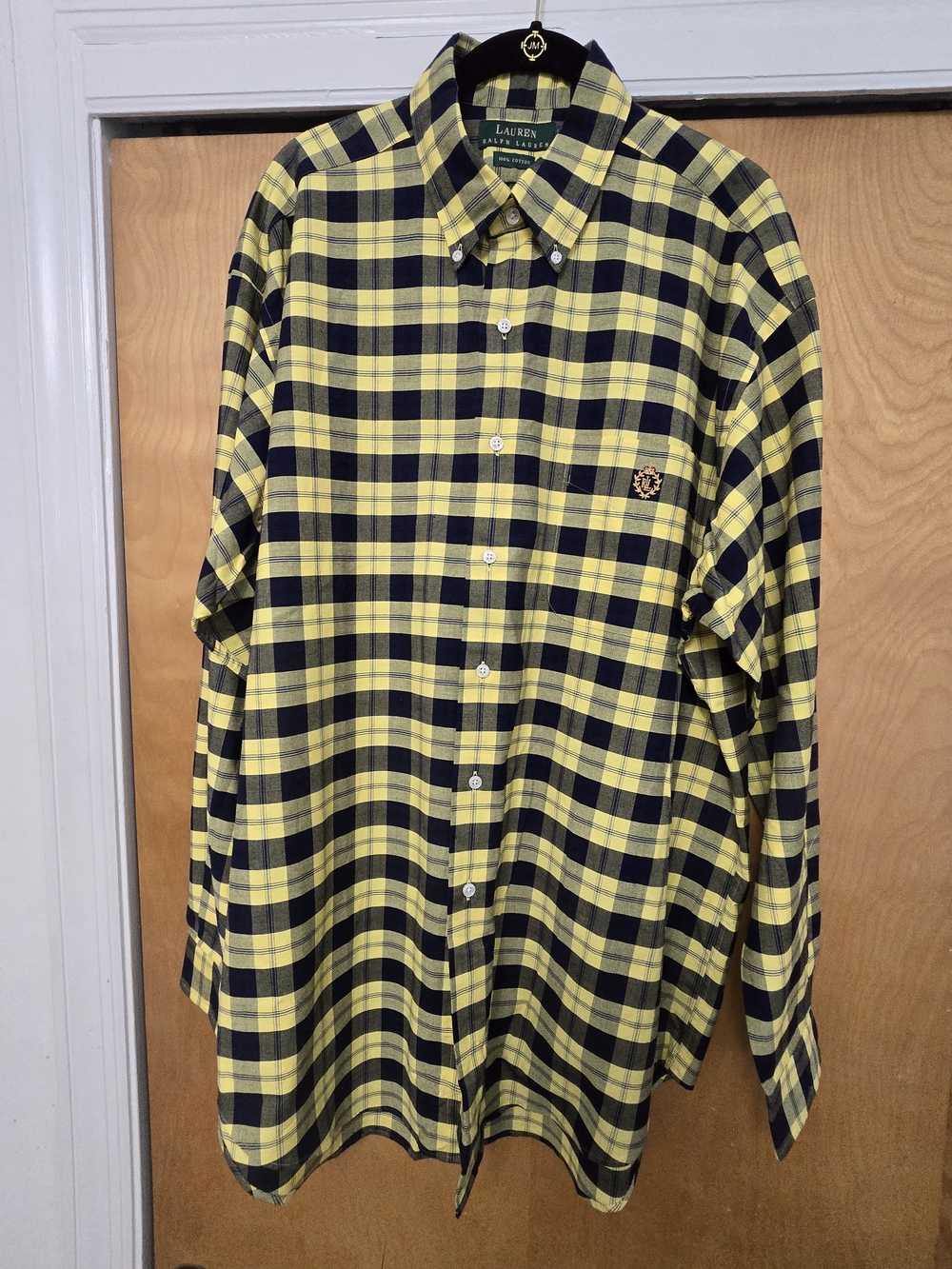 NWOT Lauren Ralph Lauren Men's  Button Down Long Sleeve Shirt Yellow Navy Plaid.